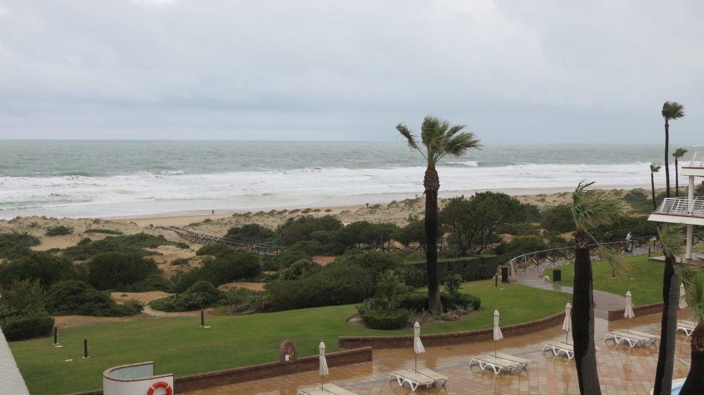 Regn och blåst från Atlanten över stranden och palmerna in på hotellområdet.